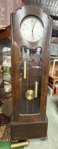 Lot 008 - 1930s Deco longcase clock with brass pendulums & weights - ring mi