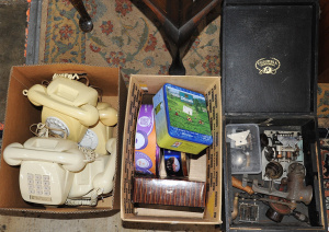 Lot 021 - 2 x Boxes Mixed inc Vintage Rotary dial & Push Button Telephones,