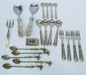 Lot 032 - Group lot Silver & Silver plate Cutlery inc Pair Servers with Mark