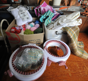 Lot 039 - 2 x Boxes of Vintage Wool Blankets, Assorted Yarn & 2 x Beanie Mak