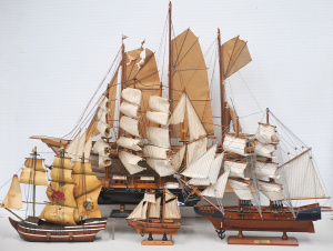Lot 041 - 5 wooden model sailing ships inc the Mercury, Bounty - largest 74cm -