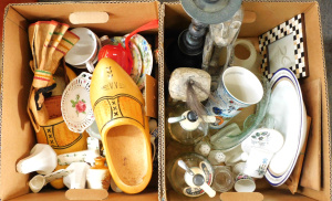 Lot 043 - 2 x Boxes Mixed inc Lge Oversized wooden ornamental clogs, Figures, Ch