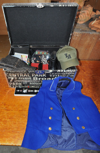 Lot 044 - Trunk w Assorted Contents incl Pair of Vintage Leather Mittens, Blue W