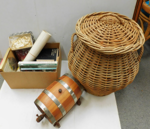 Lot 045 - Box mixed plus inc Vintage Wicker lidded laundry basket, Wooden wine b