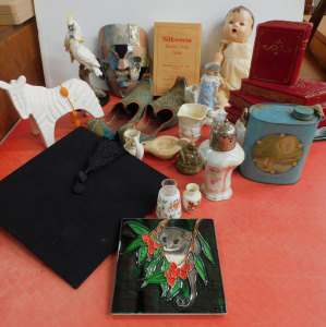 Lot 048 - Boxed Mixed Vintage inc Grench Grotto of Lourdes Tin decanter, Hand pa