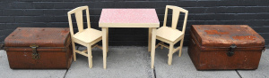 Lot 053 - Retro children's Laminex table and 2 chair set and 2 x vintage metal t