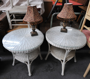 Lot 054 - Pair of round mid-century white painted wicker side tables with glass
