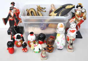 Lot 067 - 2 Boxes mixed mostly oriental inc Geisha figures, Kokeshi Bubble head