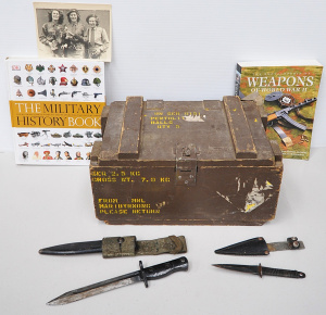 Lot 073 - Lot of militaria inc vintage Australian L1A2 FAL SLR bayonet with scab