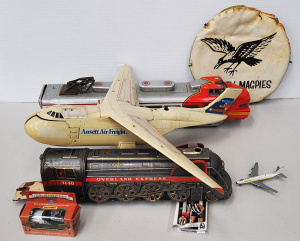 Lot 074 - Group of retro toys inc 2 x Japanese pressed tin trains inc ATC Santa