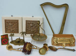 Lot 082 - Group lot of vintage Brass & Copper inc Brass Harp, Brass Gimbal C