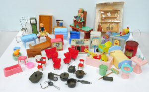 Lot 084 - Group lot of Vintage Dolls house furniture inc Japanese Tin TV, Tin si