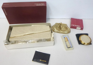 Lot 087 - Grp vintage as new Glomesh - boxed bone Perfume atomiser with access,