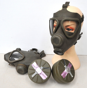 Lot 132 - 2 x Vintage Rubber German Gas Masks w 2 x Unopened Filters
