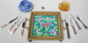 Lot 136 - Grp - Wedgwood blue jasperware cup and saucer, majolica trivet, enamel