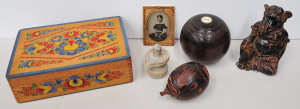 Lot 155 - Mixed vintage lot inc lignum vitae English made lawn bowl, carved Indi