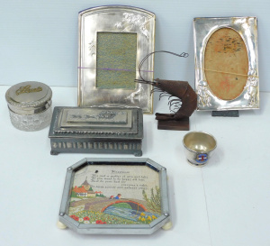 Lot 158 - Group lot vintage Metal items inc Japanese Oblong Jewellery box, 2 x S
