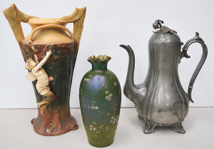 Lot 167 - 3 pces Art Nouveau Amphora Vase feat Cupid, Dixon Brittania metal coff