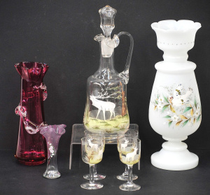Lot 179 - Group lot Victorian Glass inc Hand painted Decanter & 4 glasses -