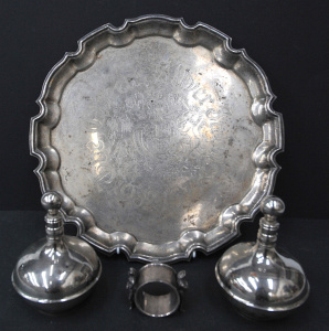 Lot 181 - Group of vintage silver plate inc pair of oil decanters, figural napki