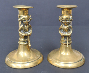 Lot 200 - Pair Victorian Lincoln Imp Brass Candlesticks 13cm H