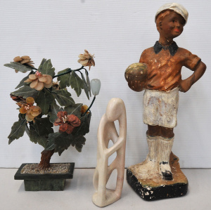 3 pces inc Chinese carved Jadeite bonsai tree 32cm H , Edwardian Plaster Figure