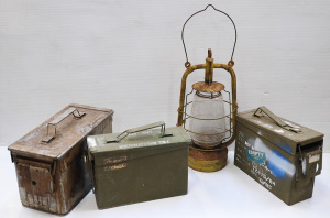 4 pces vintage inc Hurricane Lamp & 3 Metal ammunition boxes - 2 x 762mm