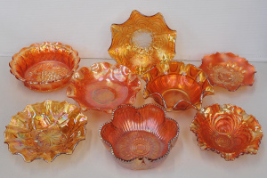 8 x Vintage Marigold Carnival Glass Large Bowls inc Imperial Pansy & Flowers