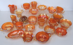 Large Group vintage Marigold Carnival Glass inc Dugan Maple Leaf & Peacock F