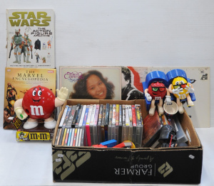 Mixed Box lot inc DVDs, CDs, LP Vinyl Records, Vintage M&Ms Red Character &a