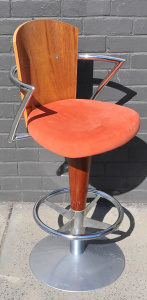 Lot 003 - Retro Memphis Milano style bar stool in timber, ochre upholstery and c