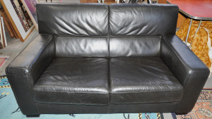 Lot 007 - Modern Black Leather Two Seater Couch, simple squared form - VGC