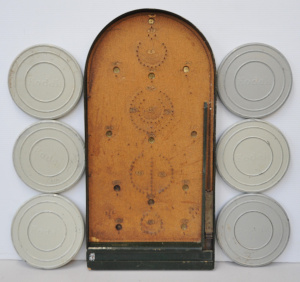 Lot 013 - Vintage pin bagatelle game (61 5cm H) with ball, 6 cans of vintage Kod