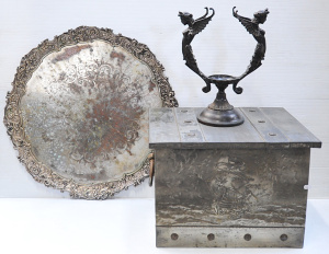 Lot 015 - Assorted Metal Items incl Box w Image of Ship To Front, Large EPNS Ser
