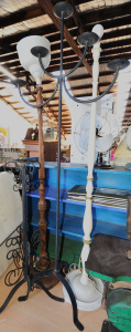 Lot 023 - 2 x vintage turned wood standard lamps and 2 x blackened metal floor s