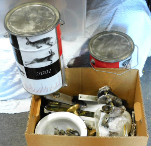 Lot 048 - Box lot vintage Door Hardware plus inc Locks, plates handles, knobs et