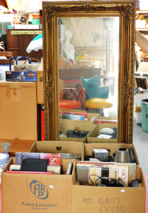 Lot 063 - Large mixed lot of 4 boxes + large Classical gilt framed wall mirror (