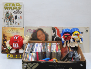 Lot 069 - Mixed Box lot inc DVDs, CDs, LP Vinyl Records, Vintage M&Ms Red Ch