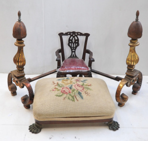 Lot 072 - Group lot inc pair of vintage cast iron fire dogs with copper finials,