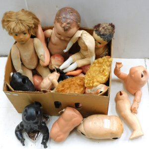 Lot 077 - Box lot - Vintage Dolls & Parts - Celluloid, Cloth bodies, hard pl
