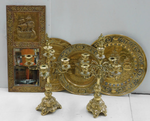 Lot 079 - Group of vintage brass and copper inc gilt embossed brass mirror with