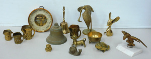 Lot 087 - Group of brass items inc vintage Aneroid Barometer, feng shui crane (1