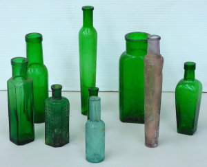 Lot 096 - Group lot - Vintage Green & other Coloured Glass Bottles - Medicin
