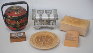 Lot 097 - Group of small decorated boxes inc Indian pressed white metal clad jew