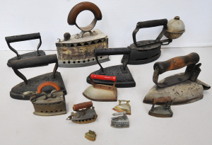 Lot 100 - Group lot Vintage Cast Metal Irons - Some with wooden handles - Miniat