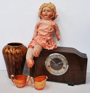 Lot 120 - Group lot inc Vintage Mantle clock, 1940s composition doll with cloth