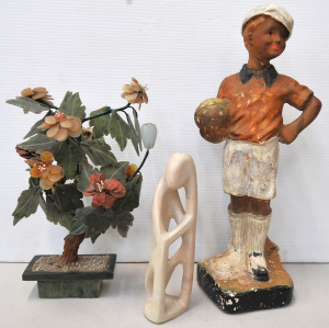 Lot 138 - 3 pces inc Chinese carved Jadeite bonsai tree 32cm H , Edwardian Plast