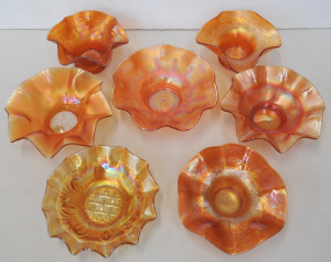Lot 143 - 7 x Vintage Marigold Carnival Glass small Ruffled Bowls - some iridesc