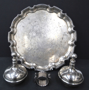 Lot 181 - Group of vintage silver plate inc pair of oil decanters, figural napki