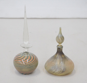 Lot 206 - 2 Art Glass perfume bottles inc Pink & Green swirl with clear elon